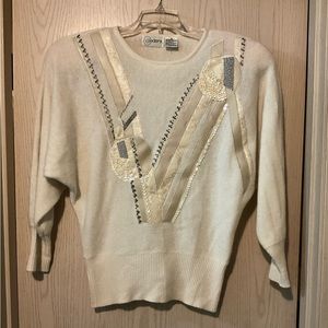Vintage 80s Cream Sequin Beaded Dolman Batwing Sleeve Sweater size Medium